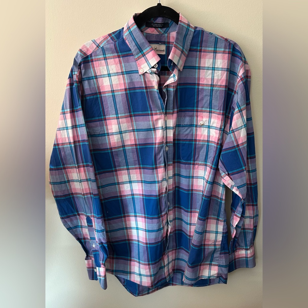 Cotton Brothers Men's Blue and Pink Plaid Shirt Size Large